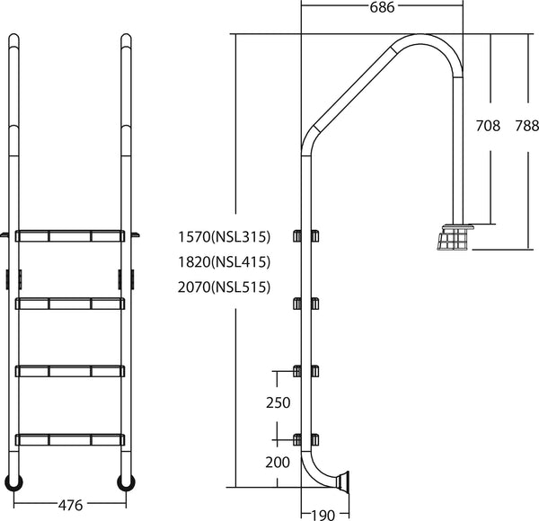 Flotide Pool Ladder Steps 304 Stainless Steel Anchor Type Wide Model