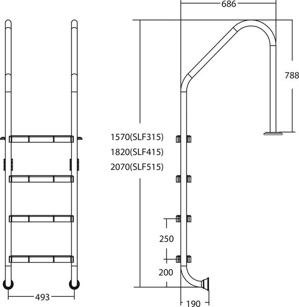 Flotide Pool Steps 304 Stainless Steel Flange Type Wide Model dimensions h2ofun