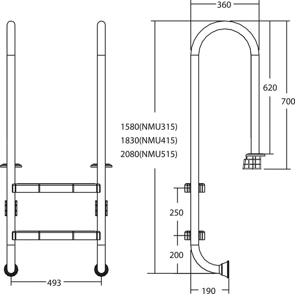 Flotide Pool Steps 316 Stainless Steel Anchor Type Small Model dimensions h2ofun