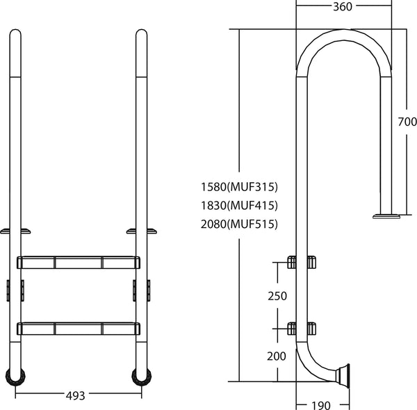 Flotide Pool Ladder Steps Stainless Steel 304 Type Flange Small Model 3 Tread
